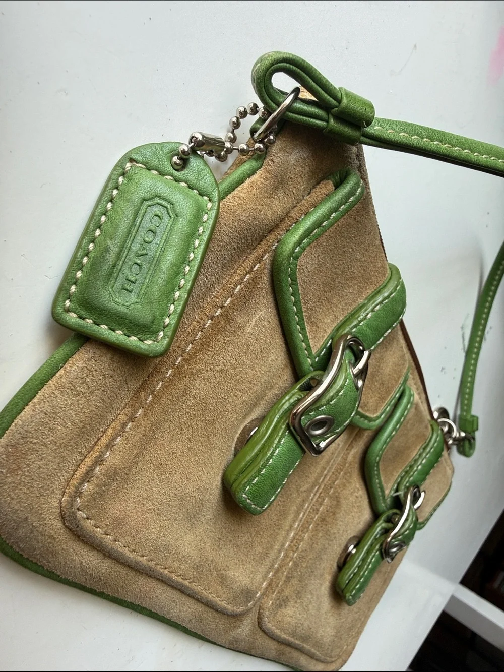 Coach Tan Suede Wristlet with Green Trim